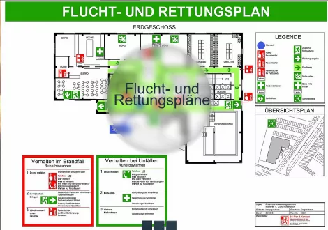 Brandschutzplan & -Konzept  erstellt für Sie Flucht- und Rettungspläne unter Berücksichtigung der jeweiligen geltenden Gesetze, Sicherheitsvorschriften, Regeln und der aktuellen Normen der Brandschutzdokumentation.